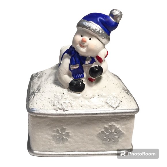 Vintage Ceramic Snowman Snowflake Christmas Trinket Box Jewelry Blue WhiteSilver - Picture 4 of 16